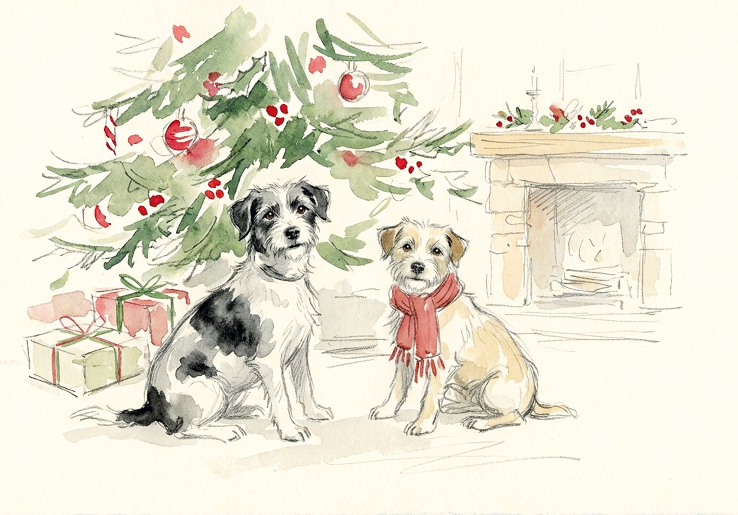 Little Dogs Christmas Card - Watercolour Fireside Dog Rescue Card (A5)