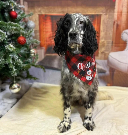 A black and white spotted dog wearing a red plaid bandana with 'Christmas' and a snowman graphic, sitting in a holiday-themed room with a Christmas tree and fireplace in the background.
