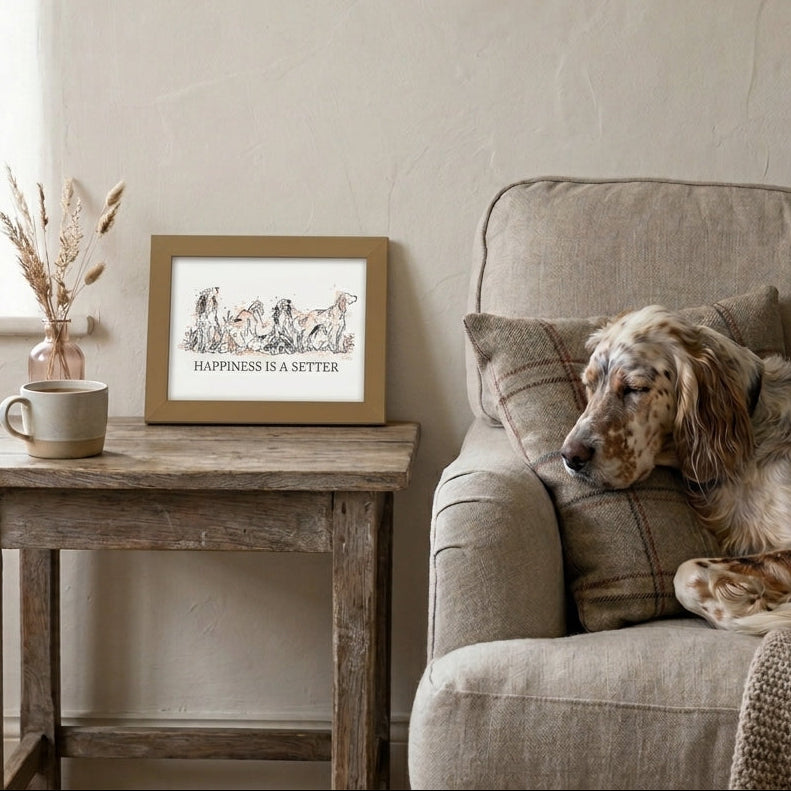 Happiness Is A Setter Framed Art Print - Rescue Dog Charity Print - A5 Oak Frame