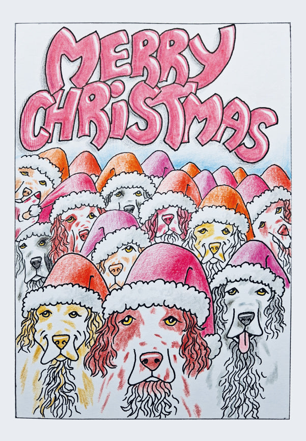 Merry Christmas Setters Card - Hand-Drawn Santa Hats Dog Rescue Card (A5)