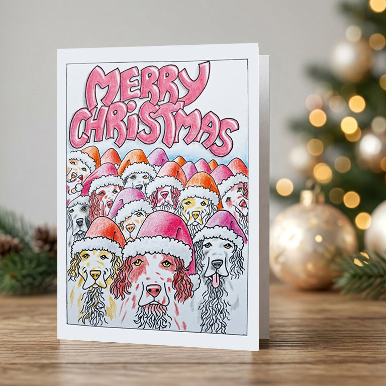 Merry Christmas Setters Card - Hand-Drawn Santa Hats Dog Rescue Card (A5)